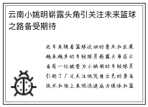 云南小姚明崭露头角引关注未来篮球之路备受期待